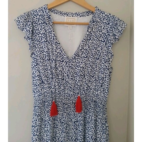 Sail to Sable Flutter Sleeve Midi Dress Size Medium Blue White Animal Print - Picture 2 of 9